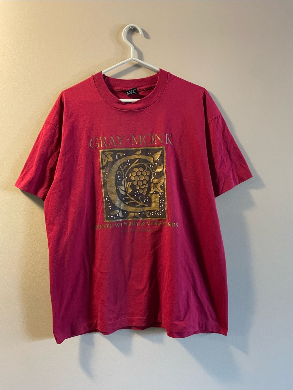 90s Best Fruit of the Loom Burgundy Short-Sleeve Tee with Gold Graphic